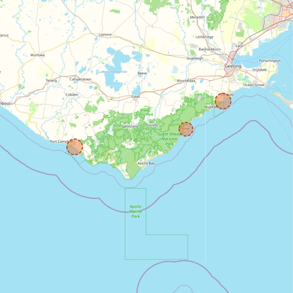 Stylised map of the Great Ocean Road region in Victoria. Three active crew areas are shown as soft region-level circles, with no exact spots marked.